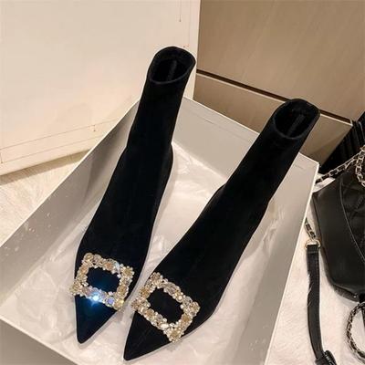 Модные осенние новые тонкие каблуки-одиночки женские модные заостренные замшевые темпераментные короткие сапоги со стразами и пряжкой