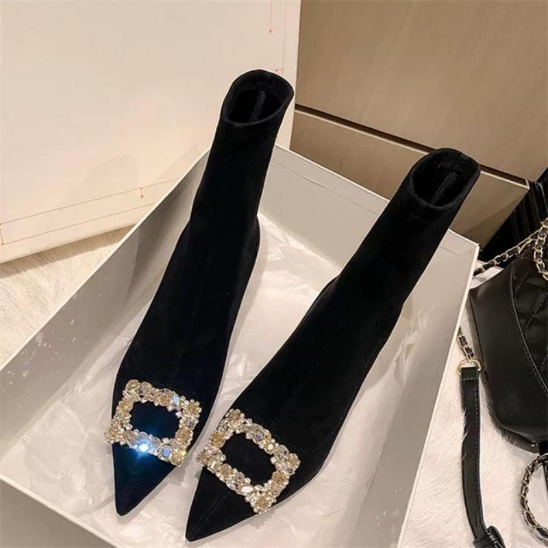 Fashion Autumn New Thin Heel Single Boots Women's Fashion Pointed Rhinester Buckle Suede Temperament Short Boots