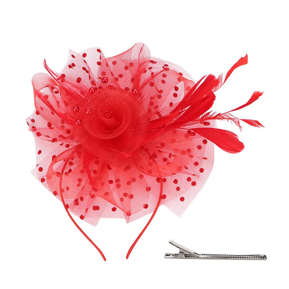 Polka Dot Feathers Fascinator Hat Elegant Bride Headdress Tea Party Mesh Hair Band Dance Show