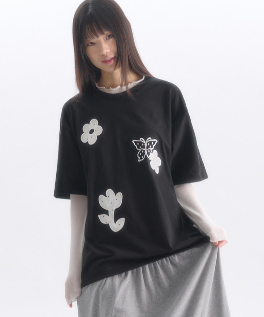 AMBLER See-Through Flower Embroidered Short Sleeve T-Shirt As1305 (Black)