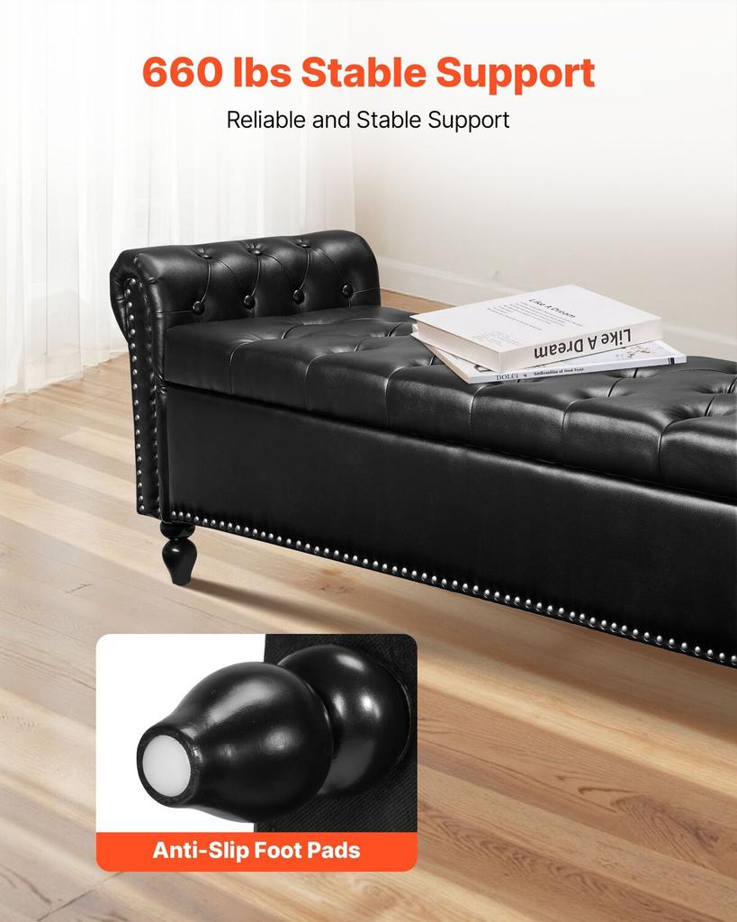 Button-Tufted Storage Ottoman Bench, Rolled Arm PU Leather Bench with Solid Wood Legs, Modern Shoe Benches Seat for Entryway, Upholstered End of Bed