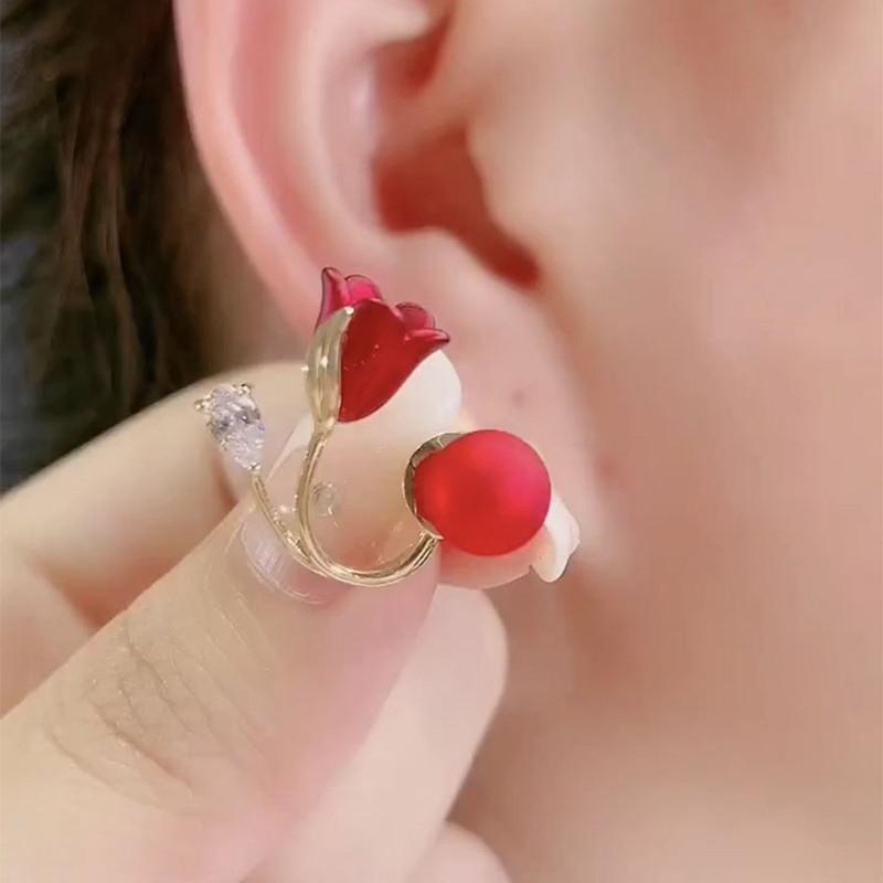 Серьги-тюльпаны с красным цветком, ювелирные изделия с имитацией жемчуга, элегантные, милые, очаровательные серьги