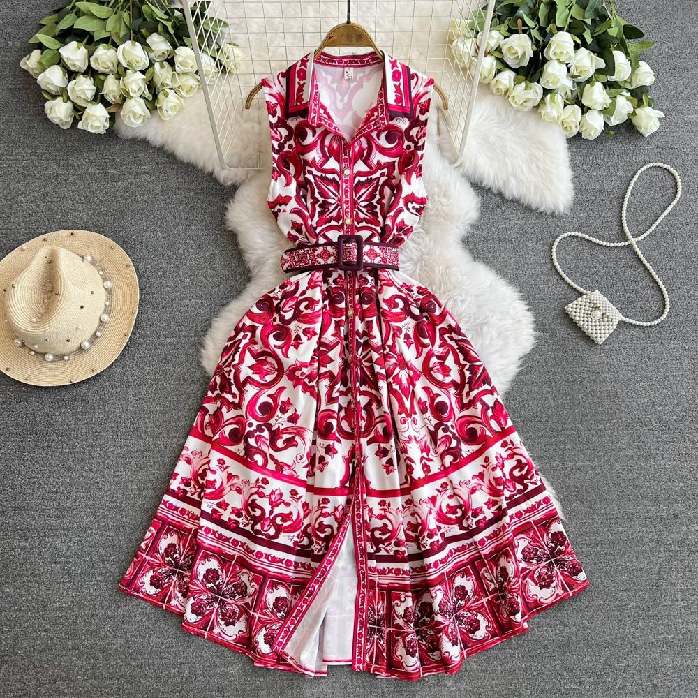 Summer Women Lapel Single Breasted Brand Designer Vintage Print Sleeveless Tank Runway Party Dresses with Belt