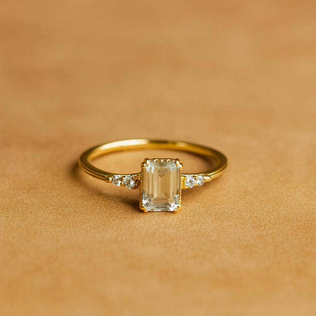 Women’s Emerald Cut Green Amethyst Gemstone Engagement Ring – Gold Plated Band with Side Diamond Accents, Elegant Statement Jewelry Gift for Her