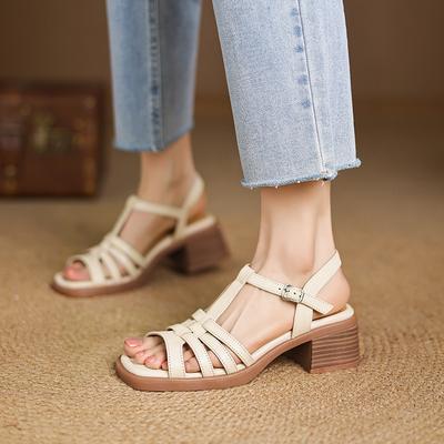 Мода Мода Высокие Каблуки 2025 Лето Новейшие Сандалии на Пуговицах Винтажные Толстые Каблуки Туфли Женские Свадебные Офисные Туфли Женские Каблуки