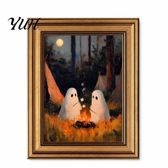 Retro Halloween Decor Vintage Cute Ghost Canvas Wall Art, Spooky 2 Ghosts Campfire Autumn Seasonal Art Hanging Poster, Gothic Decoration for