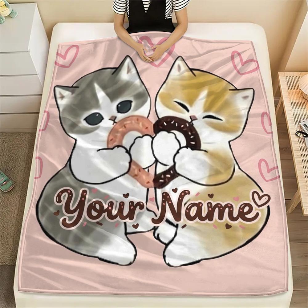1PC Cat Donut Duo Custom Name Patterned Flannel Blanket Suitable For All Seasons For Home Decor Warmth And Comfort Gifts Holiday Present