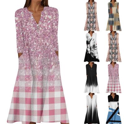 Женское летнее повседневное платье с V-образным вырезом на пуговицах, в стиле ретро, с геометрическим принтом, рукавами три четверти и карманами