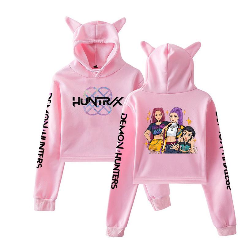 K-pop Охотники на демонов HUNTRIX Принт Худи Кроп-топ с длинным рукавом Толстовки с кошачьими ушками Женские худи Осенняя одежда Толстовка