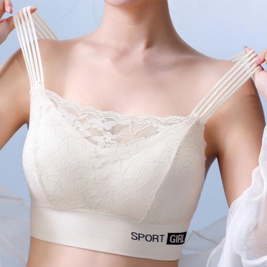 Women Elegant Bandeau Back Underwire Bra Anti Sagging Padded Wide Shoulder Straps Floral Lace Stitching Push Up Sport Breathable Brassiere Inner Wear