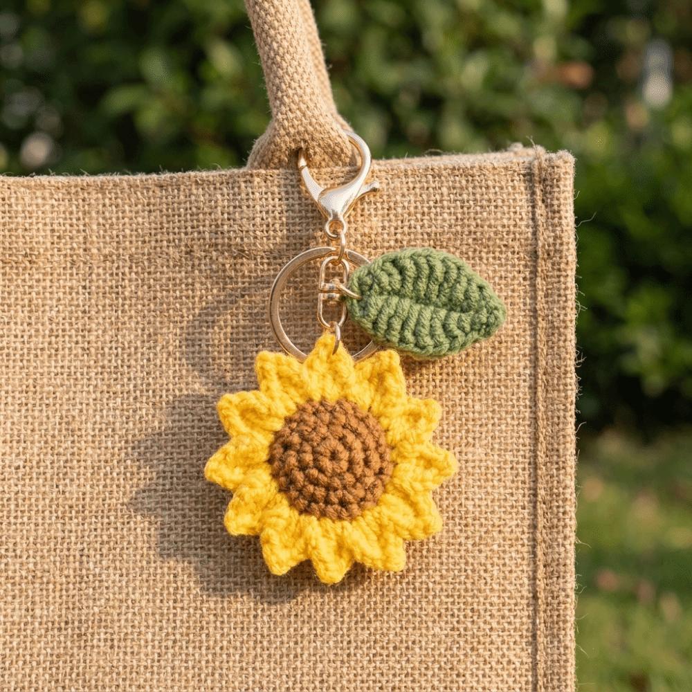 Cotton Crochet Sunflower Pendant With Rope Bag Lanyard Charm Sweet Knitted Keychain  Home Decor