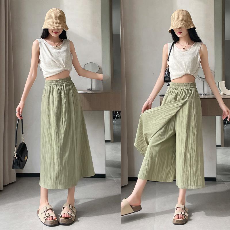Универсальные брюки с высокой талией, юбка, летние женские повседневные свободные широкие брюки, укороченные брюки, однотонные брюки, юбка