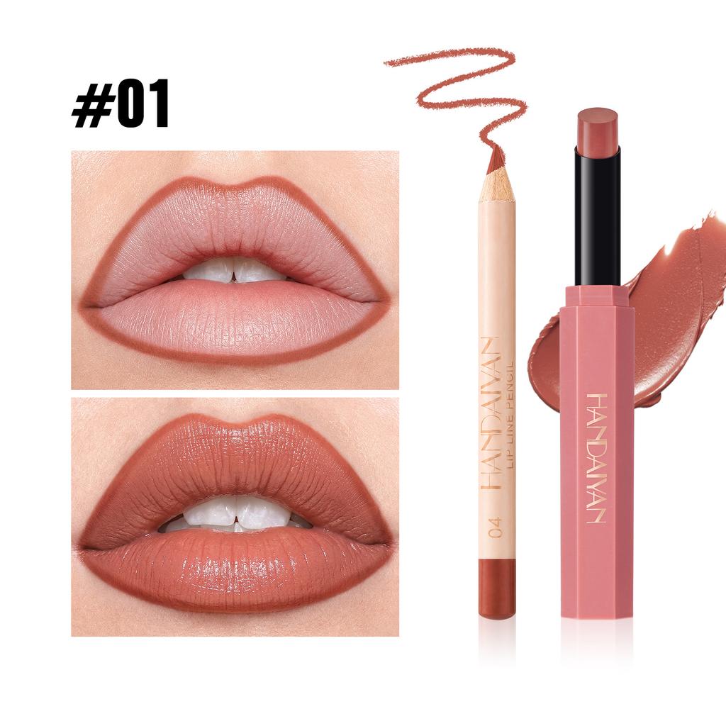 HANDAIYAN Lipstick and Lip Liner Set, 2-in-1 Waterproof Long-Lasting Matte Lipstick with Lip Liner Pencil, Nude Pink Lip Makeup Kit for Women
