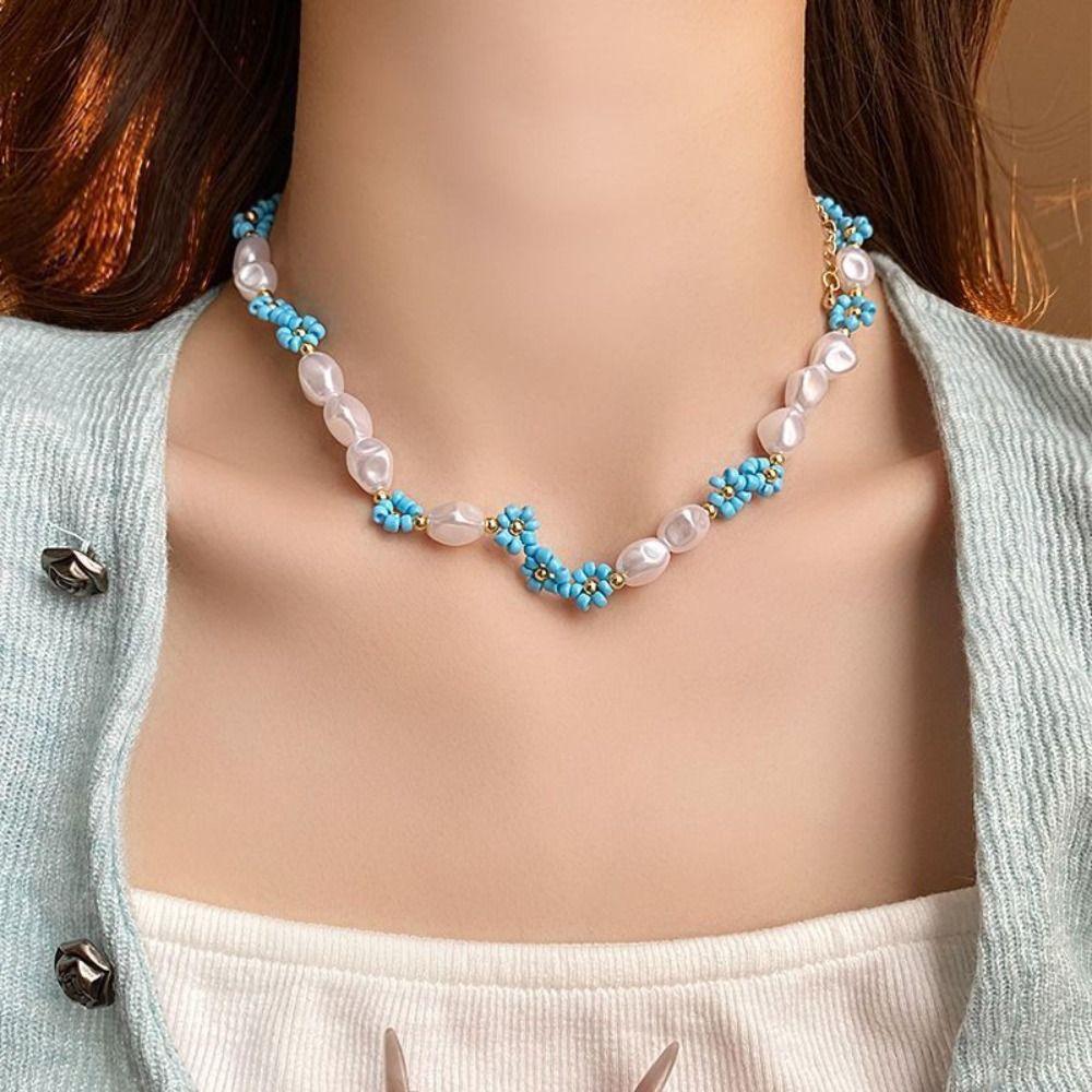 Korean Style Rice Bead Necklace Bead Flower Pearls Clavicle Chain Cute Daisy Bracelet Women