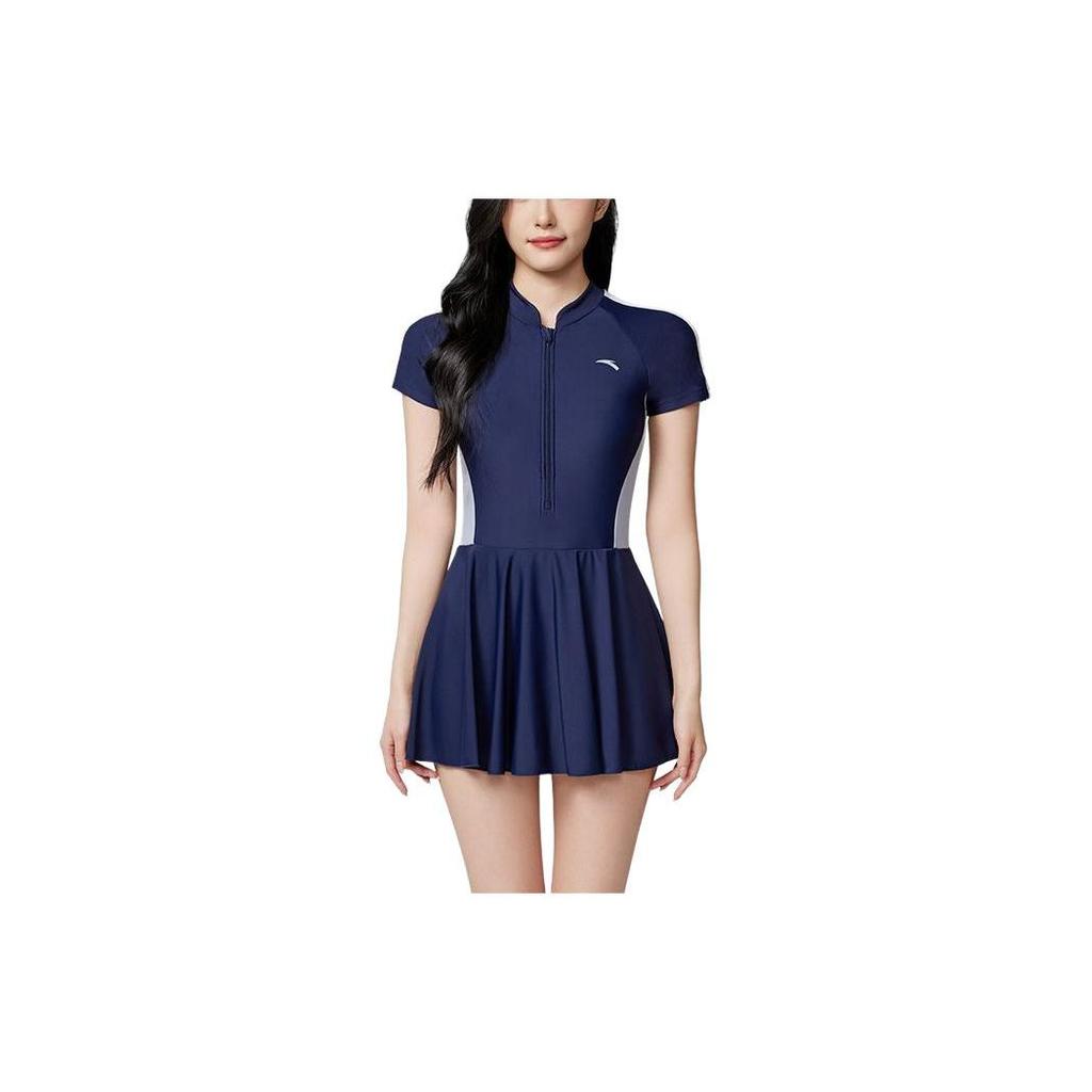 Anta Logo Print Comfortable Breathable Short Sleeve Swim Dress Women Swimwear Dark-Blue Light-Gray 1824532457-5