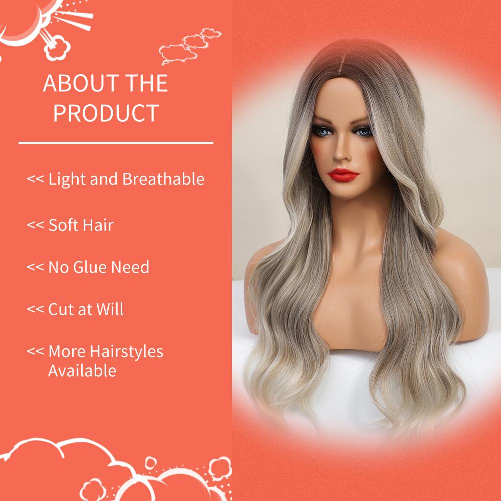 Синтетические кружевные парики для женщин, светлые кружевные парики с омбре, объемная волна, 26 дюймов, длинные волнистые парики для косплея, Т-образный кружевной парик, термостойкий
