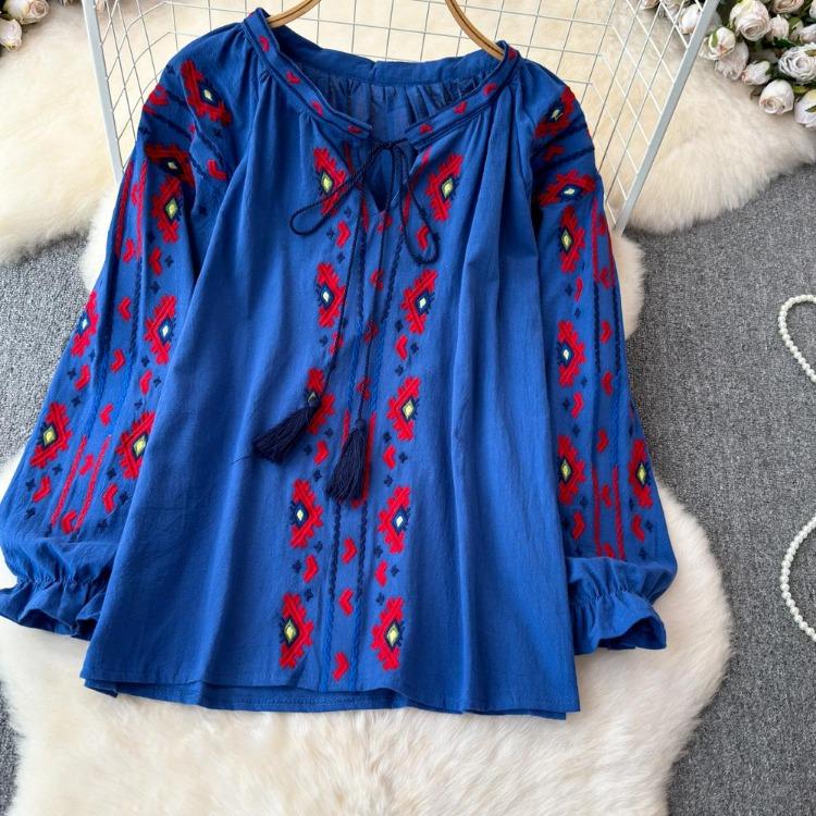 Summer Vintage Women Blouse Embroidered Puff Sleeve Color Block Ethnic Style Camisa Feminina Casual Tops