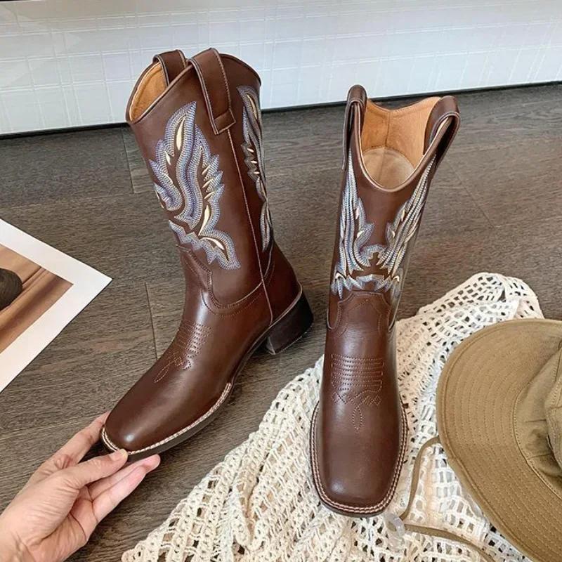 Women Retro Mid Calf Western Cowboy Motorcycle Boots Female Autumn Embroidered Square Toe Chunky Heel Fashion Design Brown Boots