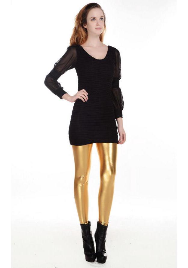 European-American Fashion Faux Patent Leather Mid-Waist Stretch Pants - Bright, Nine-Point Length