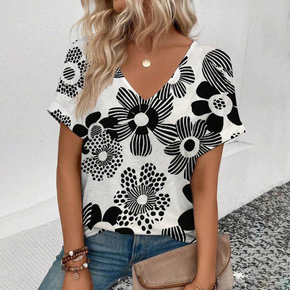 Elegant Women's V-Neck T-Shirt Fashion Floral Pattern Print T-Shirt Popular Women's Short Sleeve T-Shirt Summer Leisure T-Shirt