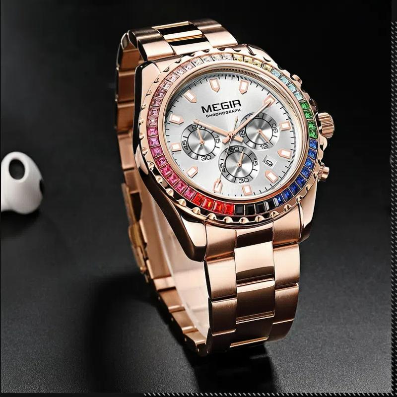 MEGIR Fashion Diamond Inlaid Rainbow Dial Watches Waterproof Luminous Calendar Multifunctional Quartz Watches