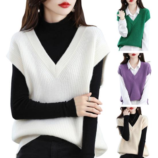 Женский осенне-зимний жилет с V-образным вырезом, свободный, без рукавов, трикотажный однотонный толстый трикотажный пуловер, эластичный, сохраняющий тепло свитер, жилет
