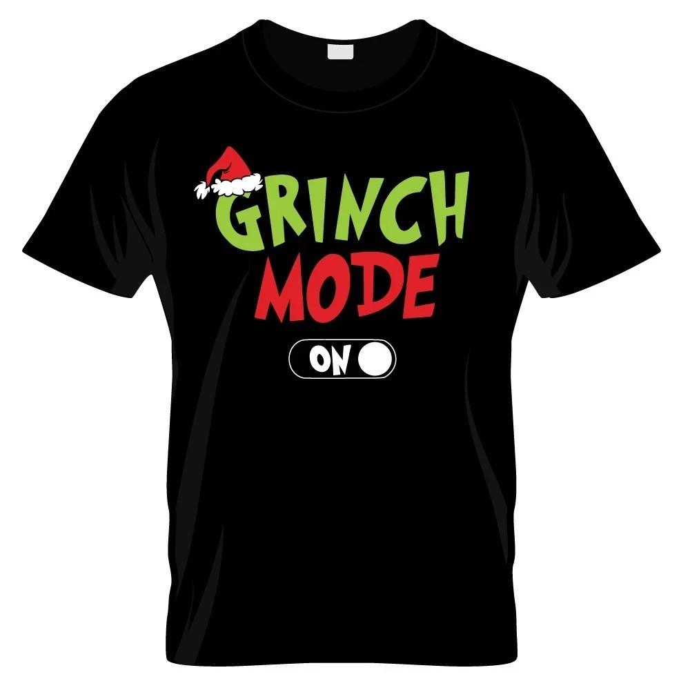 Grinch Mode ON Santa Hat Graphic T Shirt Black 100% Cotton