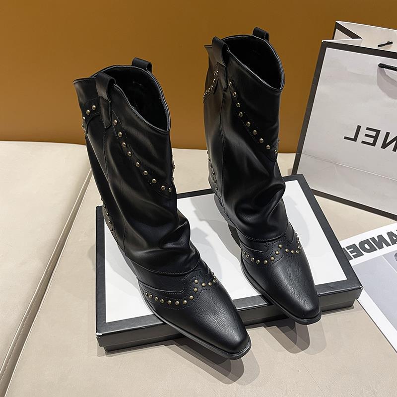 Осенние ковбойские сапоги рыцарские сапоги в стиле вестерн ретро новые остроконечные сапоги толстый каблук короткие сапоги женские брюки-трубы заклепки модные