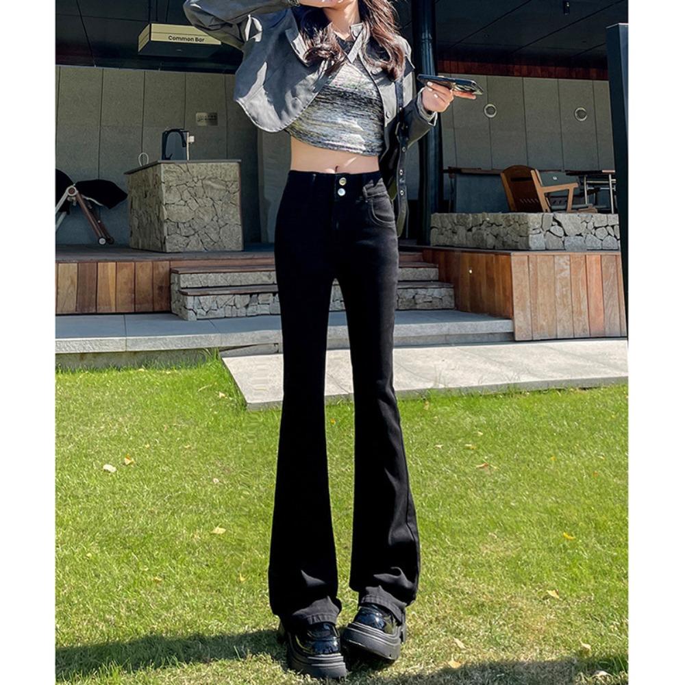 Весенне-осенние новые джинсы микро-клеш с двойной пряжкой женские с высокой посадкой облегающие и тонкие эластичные джинсы клеш тренд