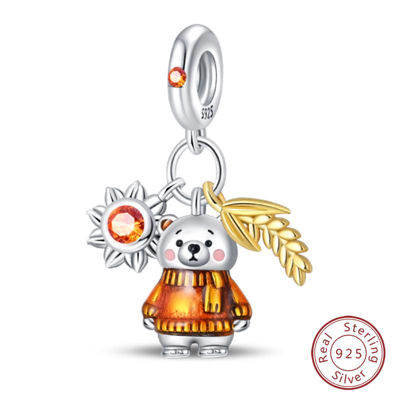 100% 925 Silver Autumn Harvest Series Brown Music Squirrel Scarecrow Pumpkin Maple Leaves Charms Beads DIY Jewelry Gift