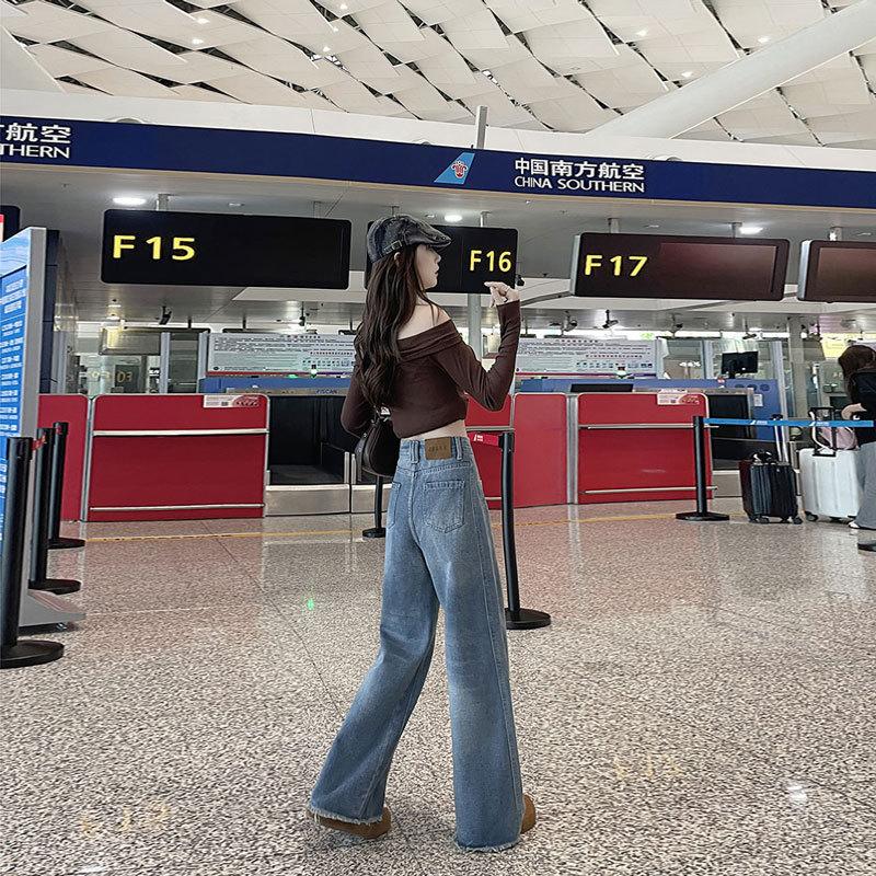 Spring large size jeans women's American high waist fat mm versatile, thin and drape wide leg trousers