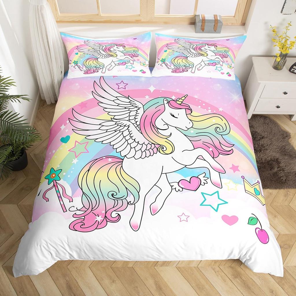 Unicorn Duvet Cover Set Cartoon Galaxy Rainbow Colourful Unicorn Cute Romantic Theme For Kids Girls Polyester Comforter Cover