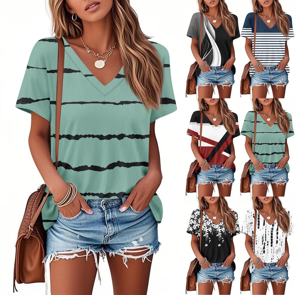 T Shirts For Women Pleated V Neck Dressy Casual Blouses Printing Short Sleeve Summer Tops Loose Fit