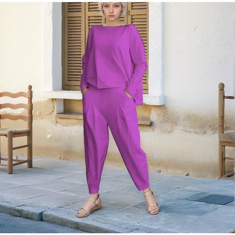 Модная повседневная рубашка с круглым вырезом и длинным рукавом, комплект из двух частей, свободные брюки, осенний однотонный костюм больших размеров с карманами, женская одежда 1846