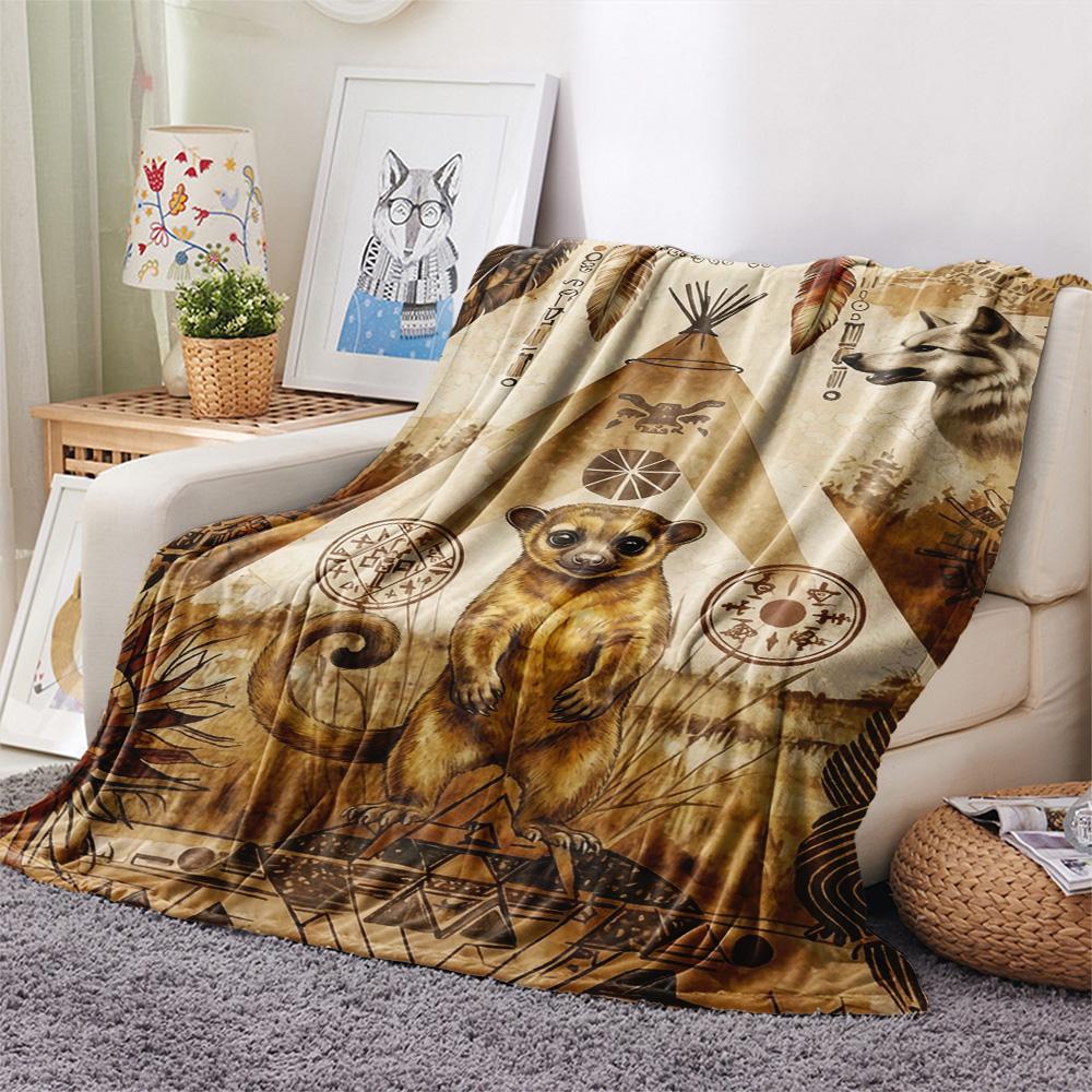1PC Tribal Totem Print FlAannel Blanket, High quality Comfortable for All Seasons, Home Decor, Warmth and Comfort