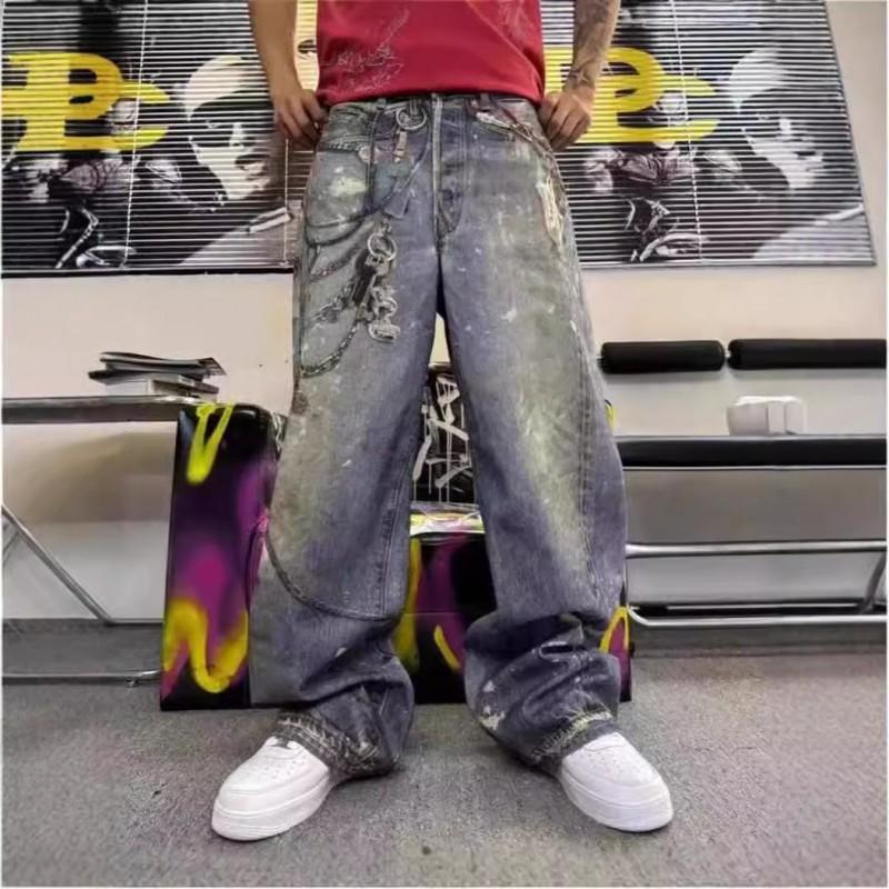Unisex Vintage Distressed Denim Jeans With 3D Printed Chain Straight Cut Loose Fit Casual Pants