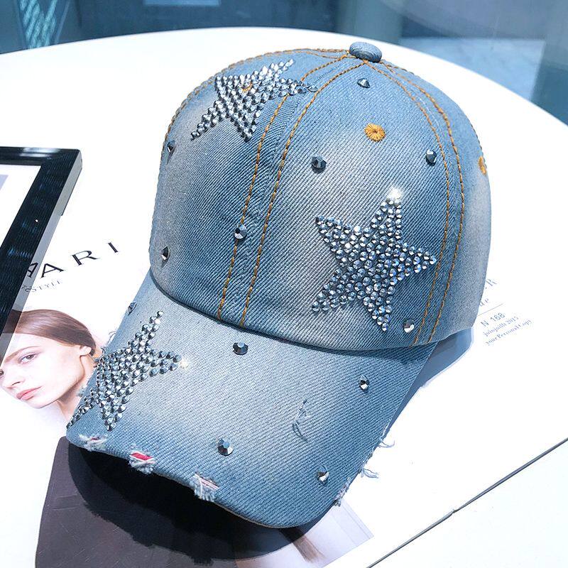 Women Punk Shiny Rhinestone Denim Baseball Cap Hip Hop Star Snapback Peaked Hat Adjustable Unisex Korean Girl Dad Trucker
