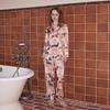 Womens Pajama Set Cartoon Sausage Birthday Print Silk-Like Long Sleeve Lounge Wear Two-Piece