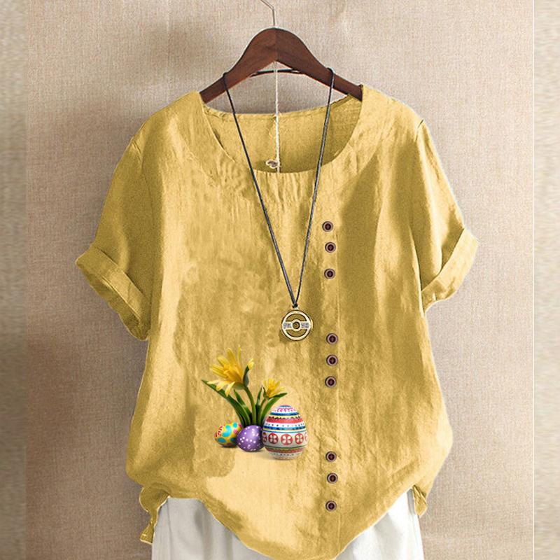 Women's Fashion Round Neck Short Sleeve T-shirt Casual Cotton Linen Graphic Shirt Leisure Loose Flower Prined Summer Blouse Tops