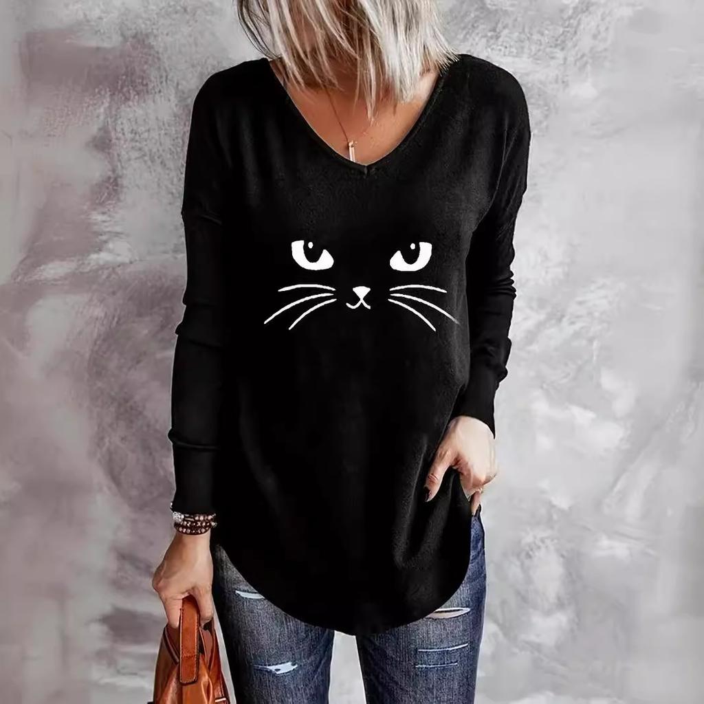 Animal Letters Feather Moon Printed 3D T Shirts Plus Size Black Tees Women Fashion V Neck Long Sleeve T Shirt