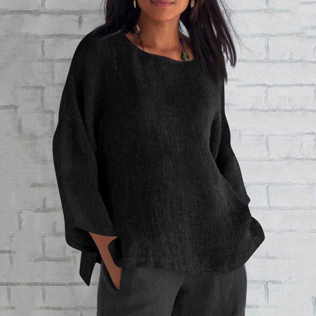 Women's Fashion Long Sleeve Round Neck Solid Colour Loose Casual Shirt Top