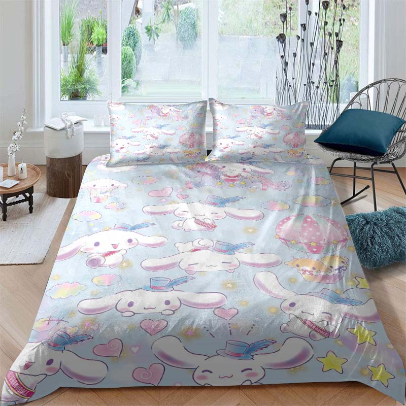3D printed cartoon Cinnamoroll themed three-piece bedding set, including duvet cover and pillowcases, a perfect holiday gift.