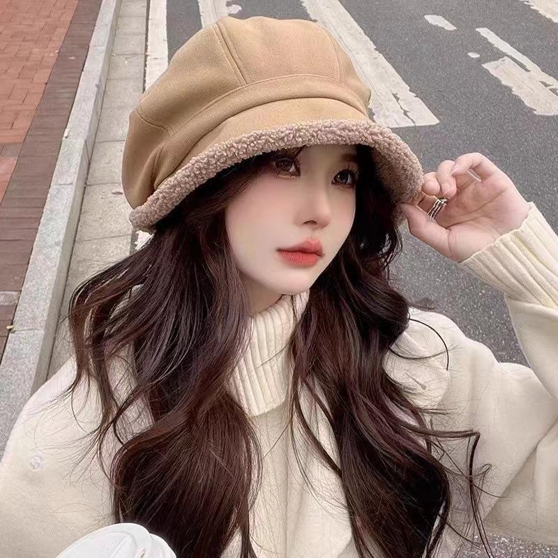 Women Winter Lamb FLeece Beret Hat Solid Plush Thicken Warm Octagonal Caps Lady Female Windproof Cowboy Caps Headgear