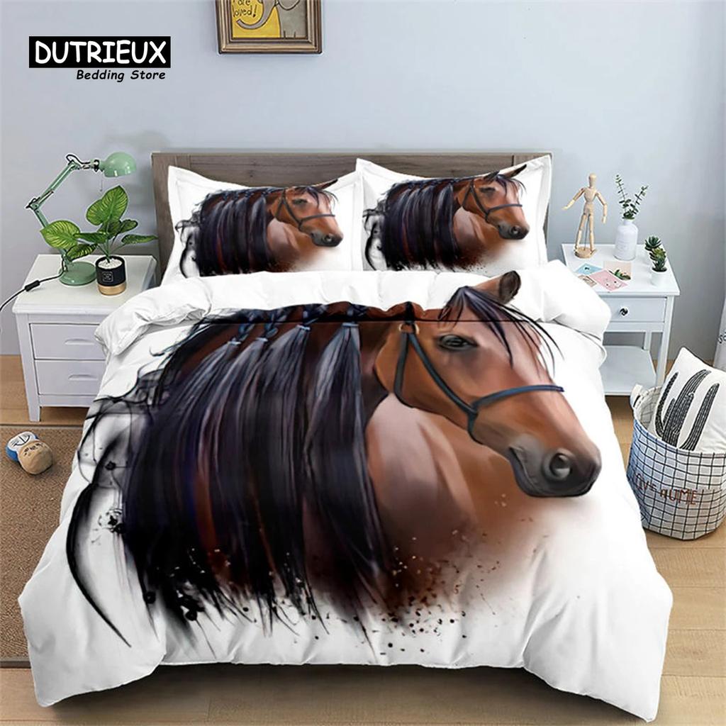 Horse Comforter Cover Set for Kids Toddler Farm Animal Pattern Bedding Set 3 Piece Farmhouse Cowboy Duvet Cover Set