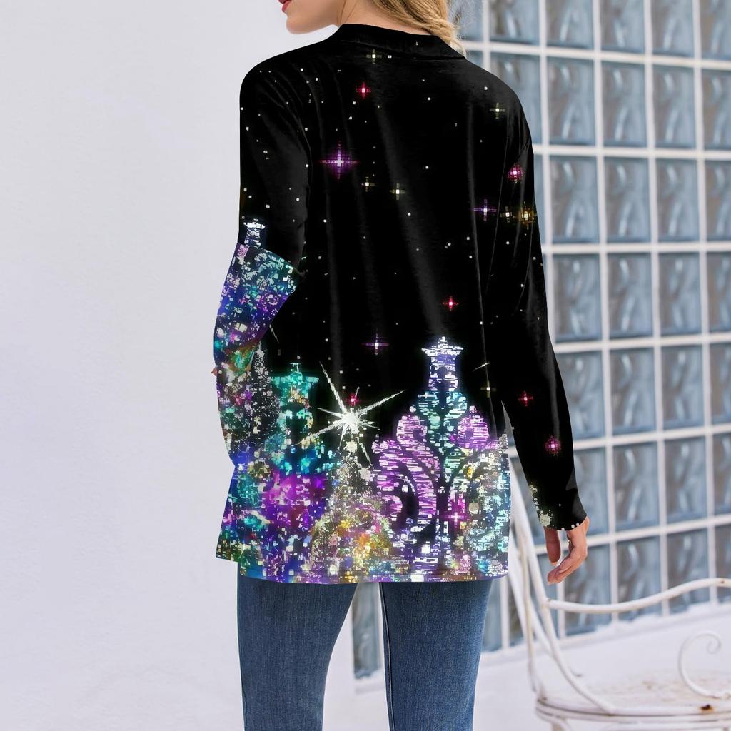 Женский рождественский кардиган с принтом, легкий, с длинными рукавами, повседневный, свободного кроя, тонкий, с карманами, куртка-кардиган