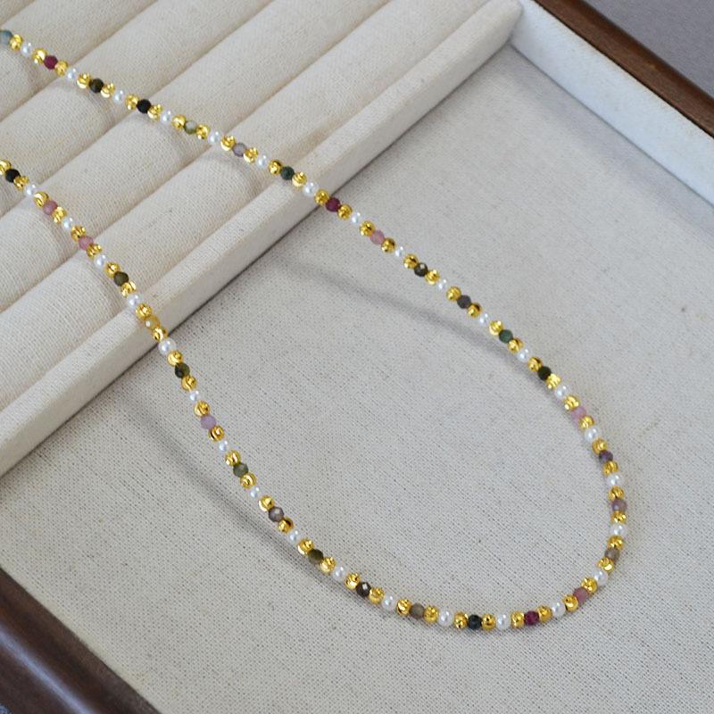 Французская ниша Элегантный жемчужный цветной турмалин настоящий камень бисер простой темперамент изящное ожерелье ключичная цепочка для женщин