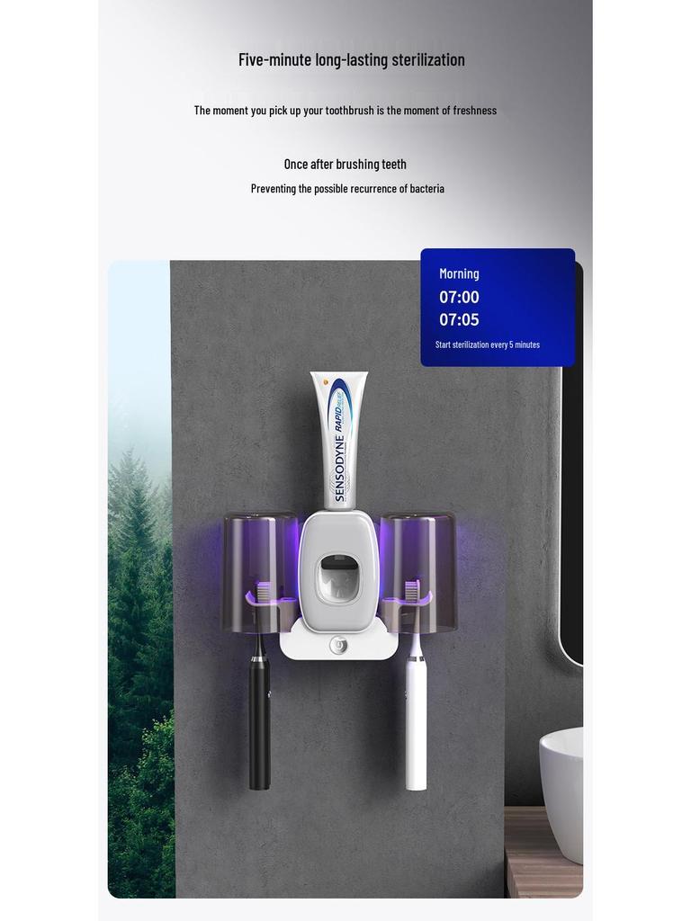 Умный УФ-держатель для зубных щеток и автоматический дозатор зубной пасты с двумя стаканчиками.