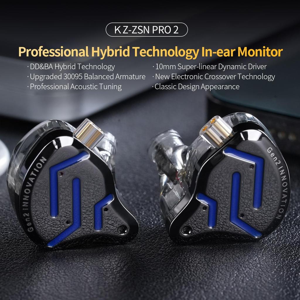 KZ ZSN PRO 2-inch Ear HiFi Earphones, Dual Driver 1BA+1DD Hybrid Driver IEM Bass Stereo Sound Earphones In-Ear Comfortable Noise Isolating Headphones