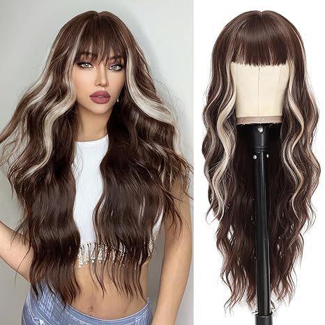 Bangs 26 Inches Deep Wave Body Wave Long Curly Synthetic Hair Wig Heat-Resistant Glueless European American Women High