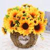 Artificial Sunflower with Green Leaves 7 Fork 13 Head Realistic Fake Silk Flower Home Office Party Indoor Outdoor Faux Bloom Decoration